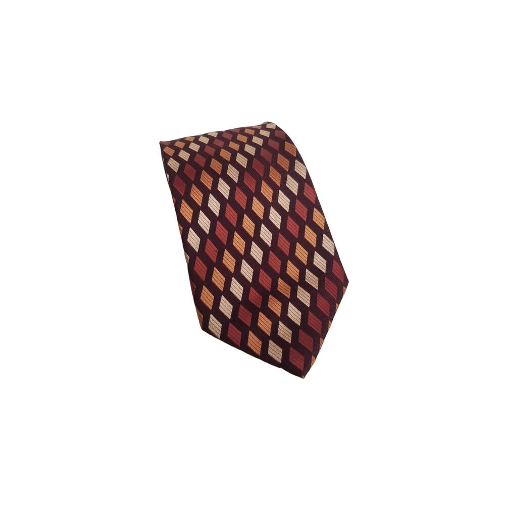 Villini Vintage Geometric Diamond 100% Silk Tie Burgundy Red Orange Retro